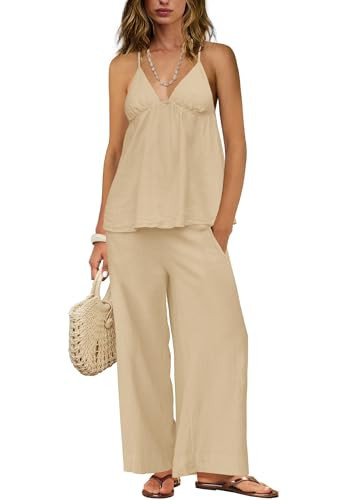 ReachMe Womens 2 Piece Linen Set Spaghetti Strap Top and Wide Leg Pants Set with Pockets Loungewear Matching Sets(Beige,M) | Amazon (US)