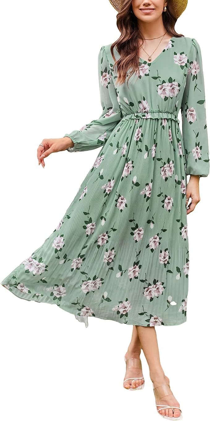 GRACE KARIN Womens 2023 Boho Floral Maxi Dress V Neck Long Sleeve Casual Ruffle Smocked A-line Pl... | Amazon (US)