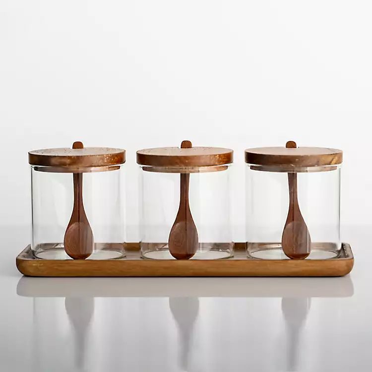 New! 3-pc. Glass Spice Jar Set with Wood Tray | Kirkland's Home