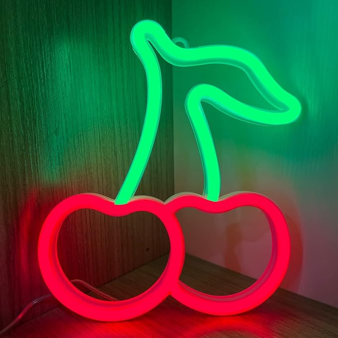 Cherry Neon Sign, Red Green Cherries Neon Lights, Cherry Neon Signs for Wall Decor, Cute Fruits L... | Amazon (US)