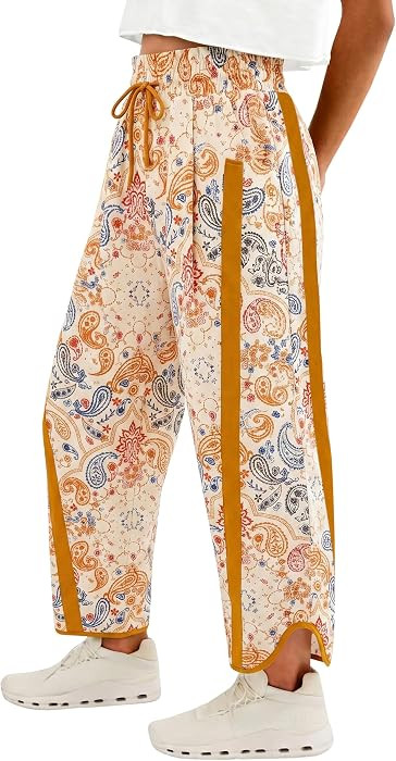 Fisoew Women's Baggy Wide Leg Pants Casual Elastic High Waisted Drawstring Printed Workout Sweatp... | Amazon (US)