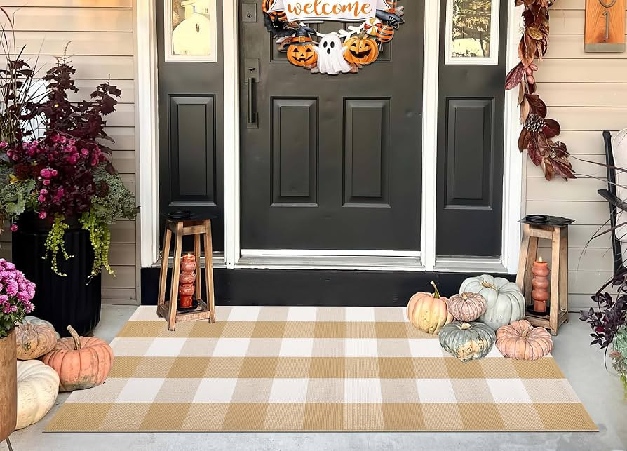 Khaki White Checkered Outdoor Rug 24"x51"Cotton Washable Farmhouse Doormat | Amazon (US)