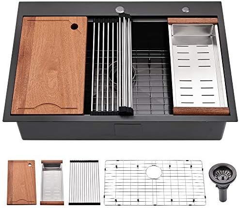 33 Black Kitchen Sink Drop In-SOMRXO 33x22 Black Stainless Steel Drop In Kitchen Sink Workstation... | Amazon (US)