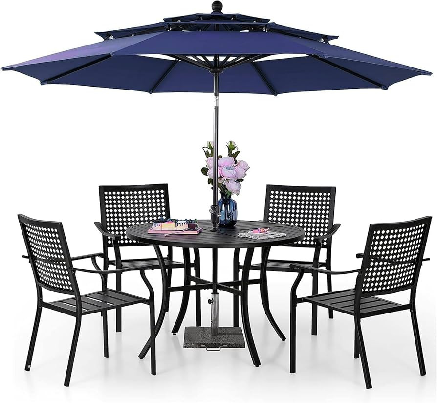 PHI VILLA 5 Pieces Patio Dining Set with 10ft Patio Umbrella, Metal Patio Circle Table Outdoor St... | Amazon (US)