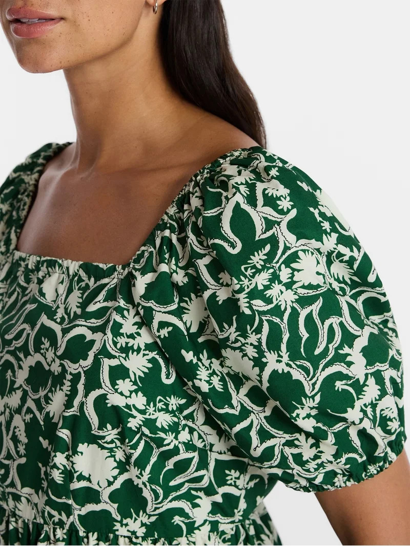 Time and Tru Women's Tie Back Cotton Midi Dress with Short Puff Sleeves, Sizes XS-XXXL | Walmart (US)