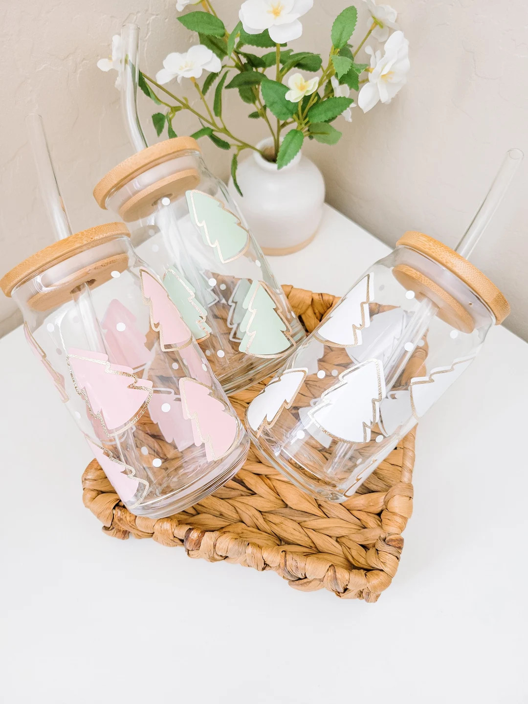 Winter Tree Glass Can Cup With Bamboo Lid and Glass Straw  - Etsy | Etsy (US)