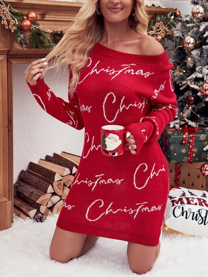 SHEIN Frenchy Letter Graphic Off Shoulder Sweater Dress | SHEIN
