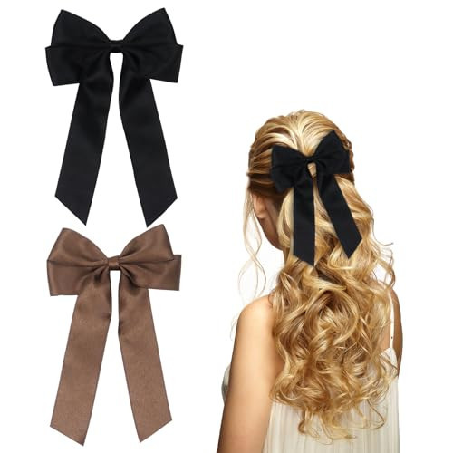 2Pcs Bow Hair Clips, Black Hair Bows with Long Silky Satin Tail Hair Bow Clips for Women Girls Hair Barrettes Accessories(Black, Brown) | Amazon (UK)