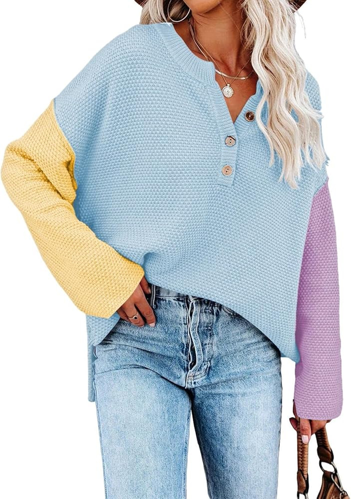 Pink Queen Women's V Neck Button Sweater Oversized Batwing Long Sleeve Henley Pullover Knit Jumpe... | Amazon (US)