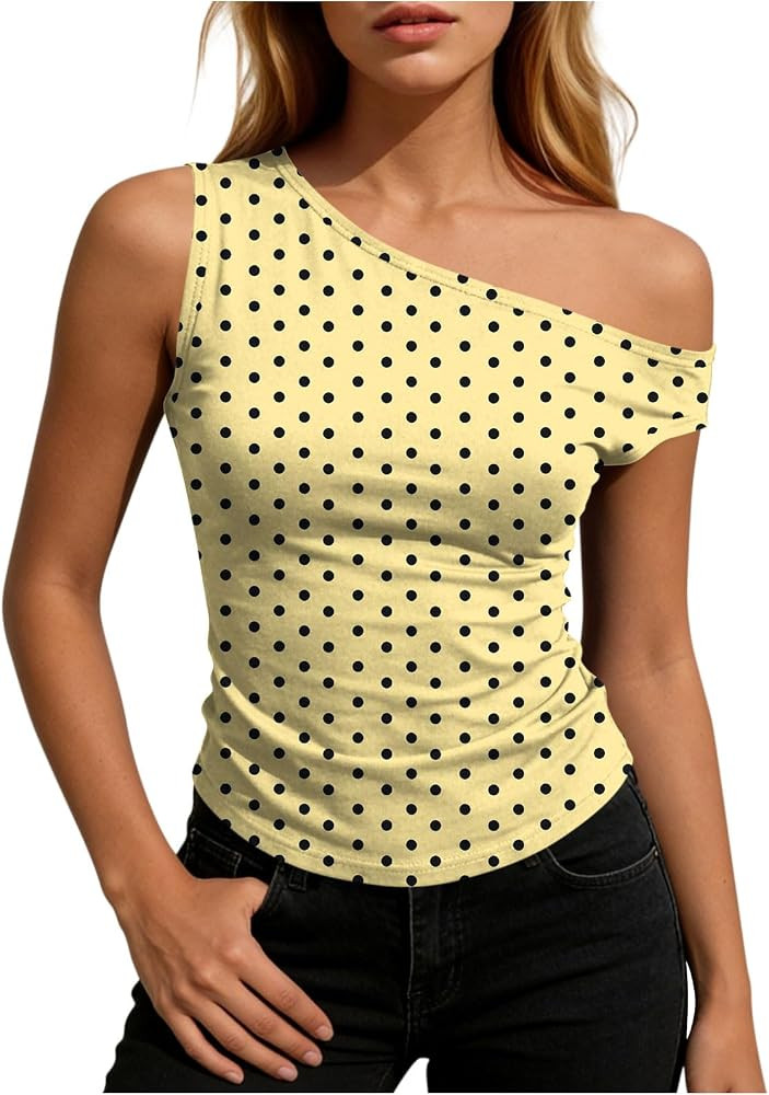 Women Off Shoulder Tops Y2K Sleeveless Shirts Polka Dot Top Trendy Fit Blouse Going Out Outfits S... | Amazon (CA)