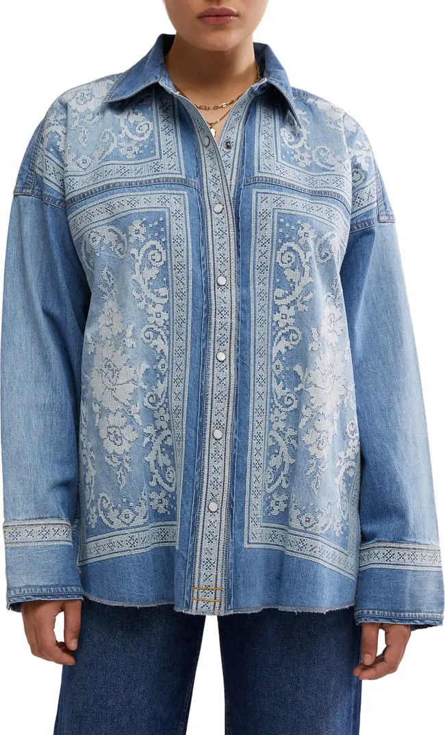 Free People Embroidered Oversize Denim Snap-Up Shirt | Nordstromrack | Nordstrom Rack
