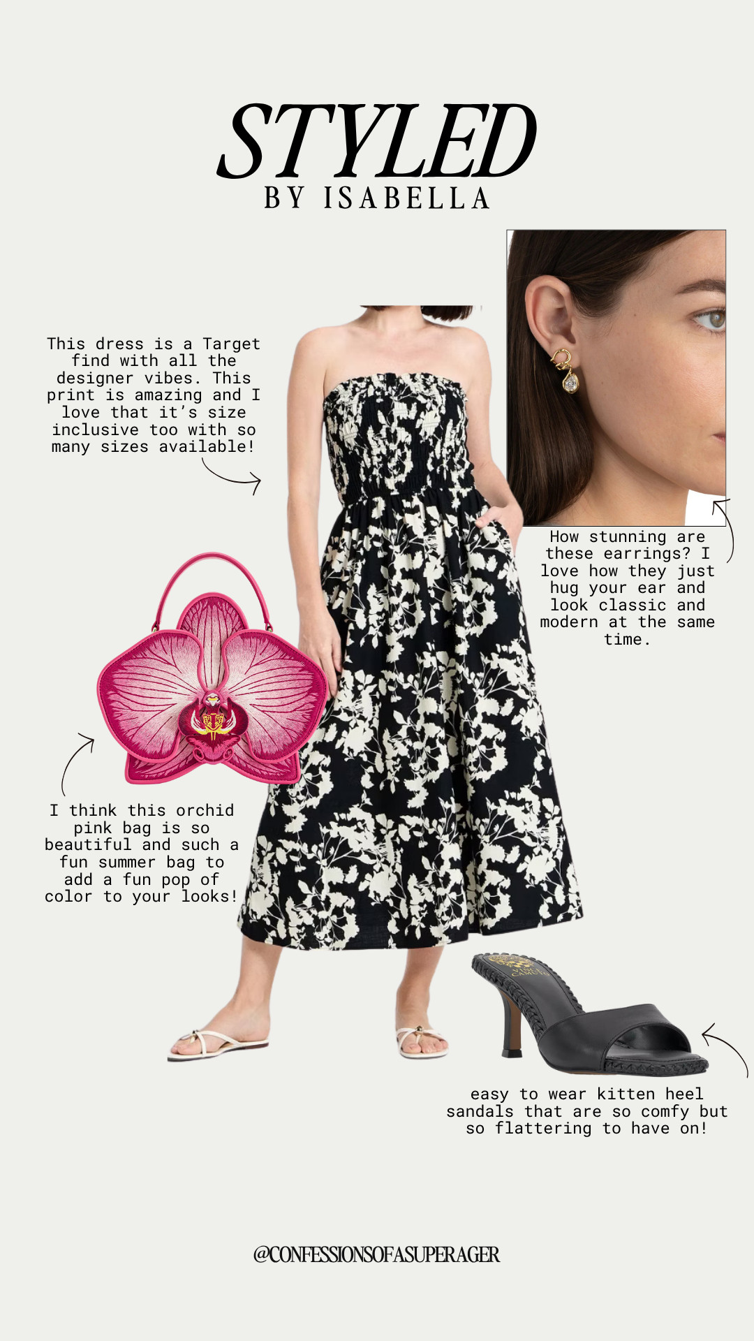 Score the ultimate budget-friendly look with this amazing Target find that delivers major designer vibes! This black and white floral print strapless smocked midi dress is beautifully size-inclusive and makes the perfect staple for a summer vacation, weekend brunch, or casual resort wear. To elevate the monochromatic pattern, I added a stunning orchid pink flower-shaped handbag for a fun pop of color, along with classic yet modern gold drop huggie earrings. I finished the ensemble with ultra-comfortable and flattering black kitten heel slide sandals that are easy to wear all day long. This effortless look beautifully blends affordable finds with a high-fashion aesthetic for timeless, ageless style!

#LTKunder50 #TargetStyle #TargetFinds #SummerOutfits #VacationStyle #ResortWear #FloralDress #StraplessDress #PopOfColor #KittenHeels #StatementBag #AgelessFashion #EverydayChic #ShopTheLook

#LTKSeasonal #LTKOver40 #LTKSaleAlert