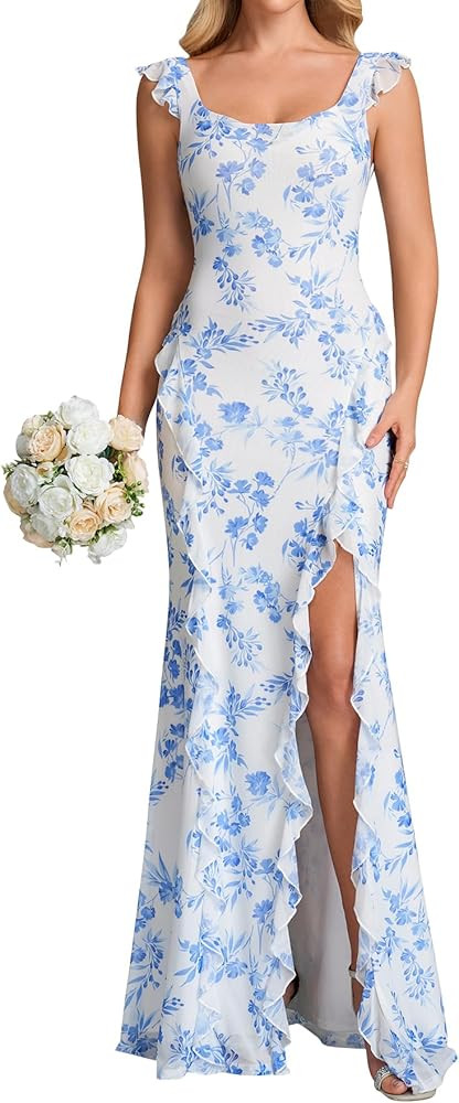 Parthea Women's Floral Square Neck Maxi Dress Sleeveless Ruffle Hem Bodycon Split Party Beach Wed... | Amazon (US)