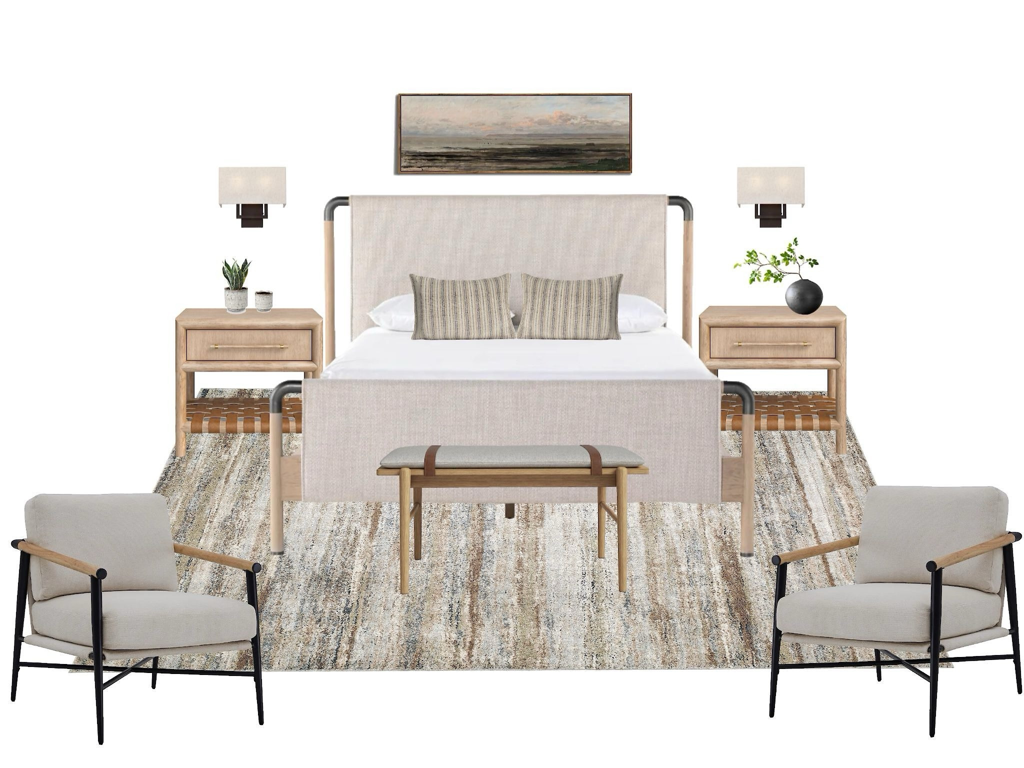 Bedroom dreams!  I’m loving the detailing on the bed on corners, woven leather nightstand bottoms that pairs so nicely with the leather detail on bench, and arm details on seating.  Finished off with contemporary rug, sconces and Amazon wall art. 

#LTKHome