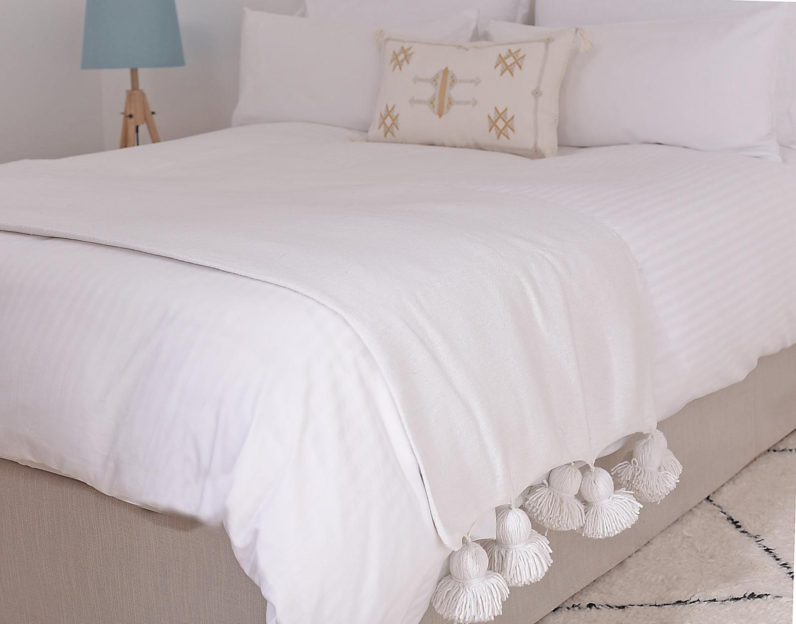 Throw Blanket Pom Pom, White, Mother's Day Gift, hand woven by artisans on traditional wooden loo... | Etsy (US)