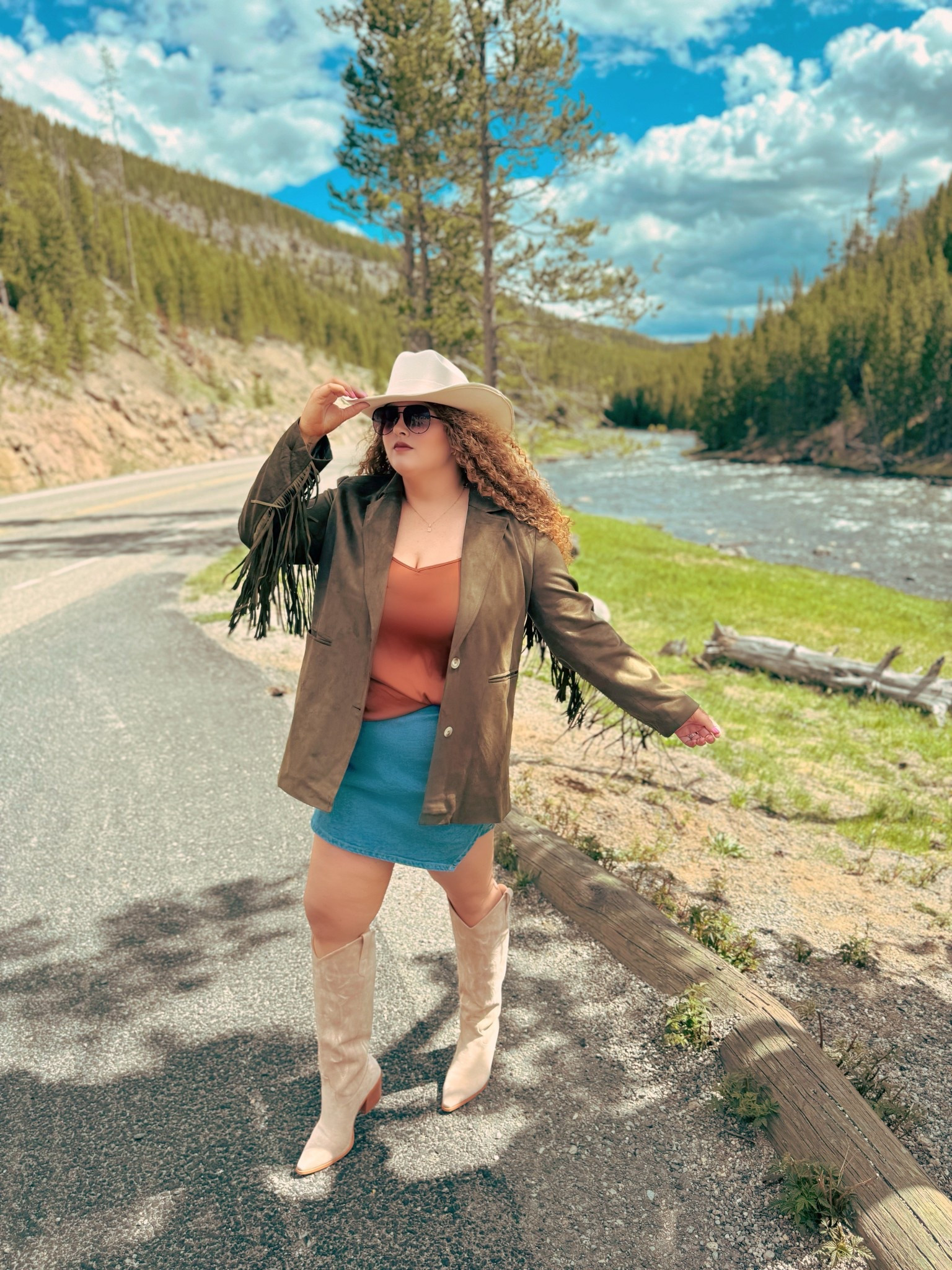 Cowgirl soul with a Yellowstone backdrop 🤠🌄 green fringe flowing, & boots made for exploring 👢💚 hat tipped to the wild 💫🏞️ western spirit in every step 🌾🔥 concert outfit | concert look | disco cowgirl | Nashville outfit | Nashville bachelorette look | Morgan wallen concert outfit | Taylor swift concert outfit | country concert outfit | western concert outfit | concert season | cowgirl boots | amazon cowboy boots | neutral cowgirl boots | amazon neutral cowgirl boots | amazon boots | amazon finds | amazon fashion | amazon outfit | amazon look | amazon concert outfit | amazon concert finds | western concert outfit | western fashion | amazon western fashion | amazon western outfit | jean skort | amazon jean skort| curvy jean skort | concert skort | tank top | silky tank top | amazon orange tank top | amazon silky tank top | blazer | amazon blazer | green blazer | amazon green blazer | fringe blazer | amazon fringe blazer | cowgirl hat | amazon cowgirl hat | Yellowstone | Yellowstone vibes | Yellowstone outfit | western outfit | western Yellowstone outfit | Yellowstone outfit inspo | Wyoming outfit | Wyoming outfit inspo | Wyoming trip | Yellowstone trip 

#LTKSaleAlert #LTKStyleTip #LTKMidsize