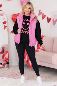 Pink Checkered Smiley Black Oversized Graphic Sweatshirt | Pink Lily
