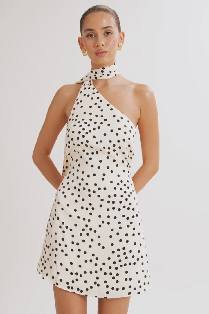 Satin Asymmetrical Mini Dress - Polkadot | MESHKI US