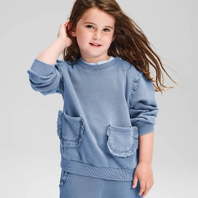 Toddler Girls' French Terry Ruffle Pockets Crewneck Sweatshirt - Cat & Jack\u2122 Blue 3T | Target