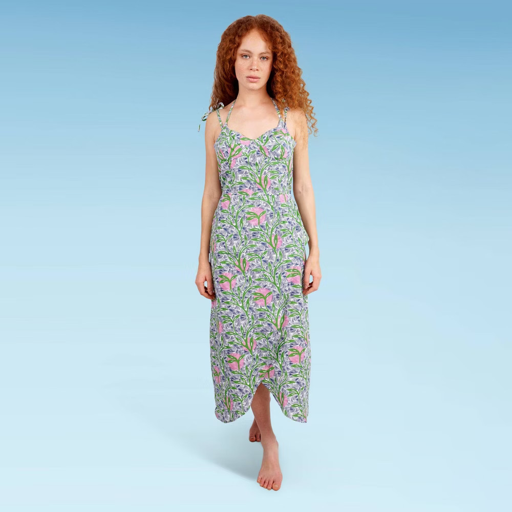 Liberty & Justice Women's Tied Strap Slit Front Cover Up Dress - Green/Pink Botanical Print M | Target