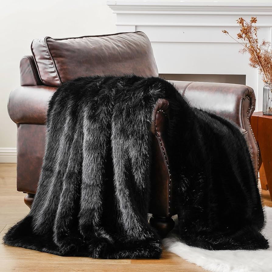 BATTILO HOME Luxury Black Faux Fur Throw Blanket, Fluffy Blankets, 50"x60" | Amazon (US)