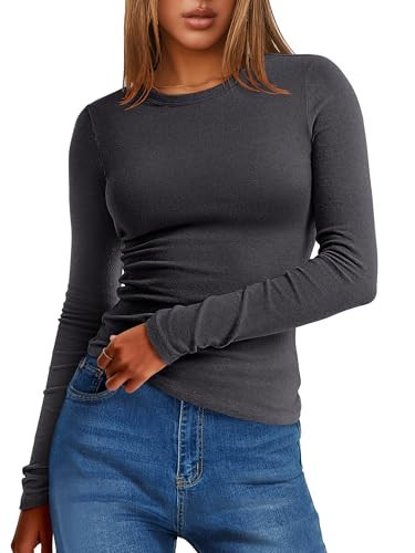 ANRABESS Women Long Sleeve Thermal Top Crewneck Slim Fit Shirts 2025 Fall Basic Tee Casual Winter Warm Undershirts Clothes Deep Grey | Amazon (US)