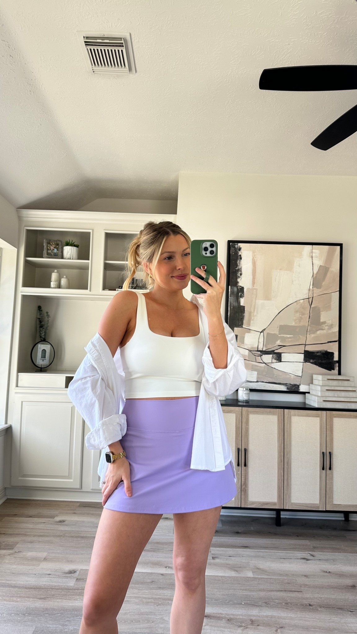 Casual Spring Outfit | Love this athletic skort, so comfortable and I love the built in shorts. Wearing size M in the skort, workout tank, and white button up. Shoes fit tts. 

 

#LTKStyleTip