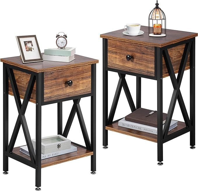VECELO Modern Versatile Nightstands X-Design Side End Table Night Stand Storage Shelf with Bin Dr... | Amazon (US)