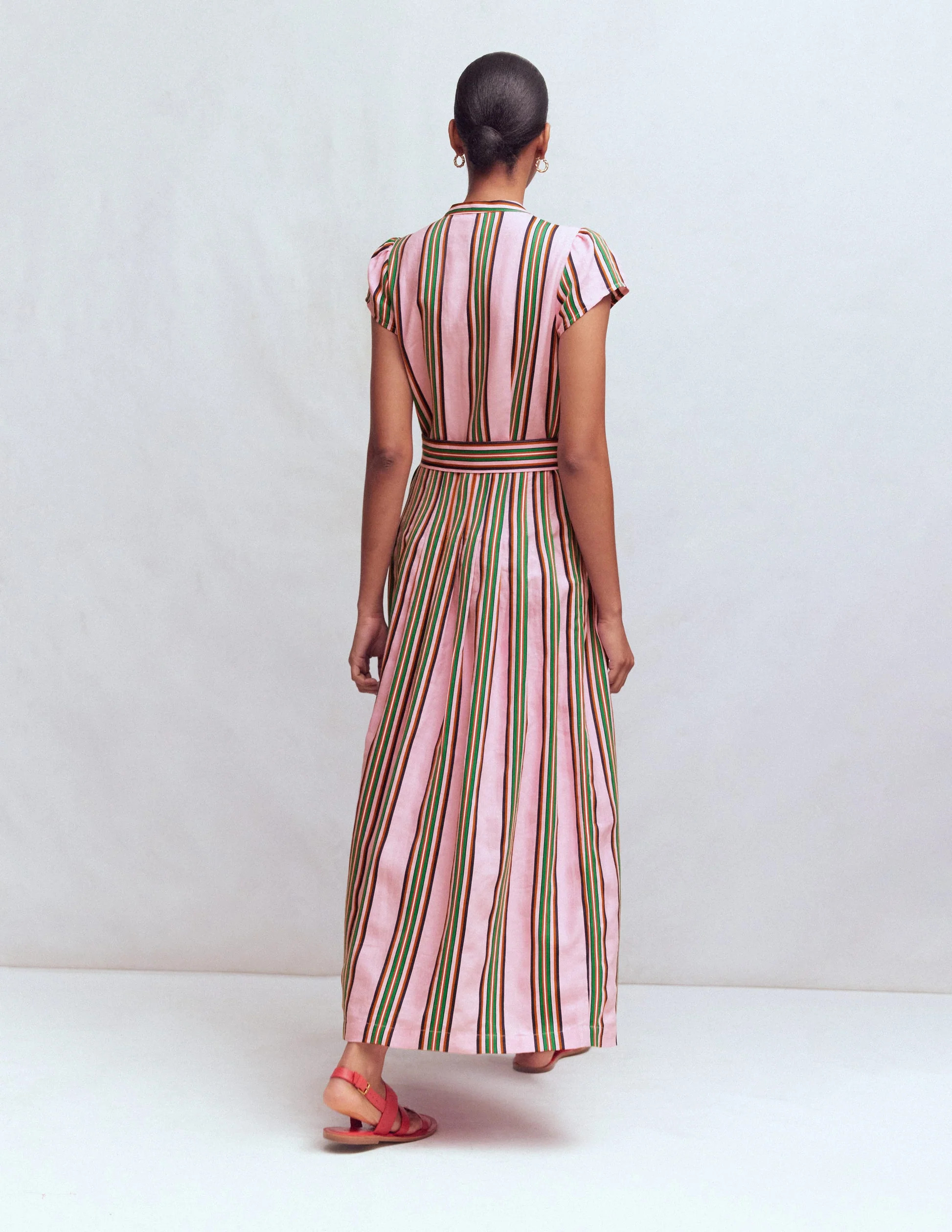 Arabella Linen Blend Dress-Pink, Rich Emerald Stripe | Boden (US)