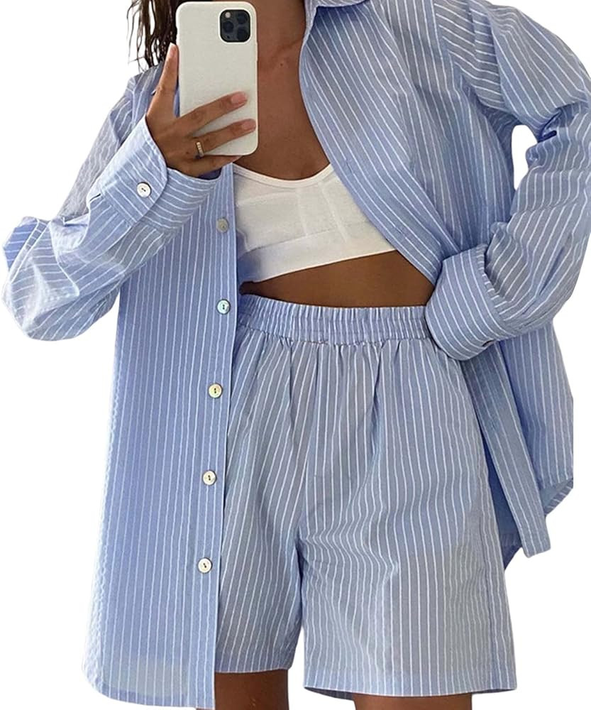 Tsnbre Women's 2 Piece Outfit Stripe Oversized Long Sleeve Shirt Tops Shorts Set Casual Loose Tra... | Amazon (US)