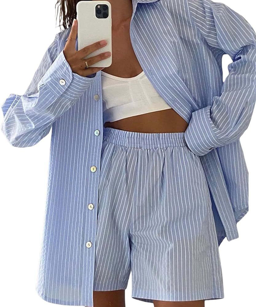 Women's Casual Loose Short Sleeve Button Cardigan Shirt Top Sweat Shorts Girl Summer 2 Piece Outfits | Amazon (US)