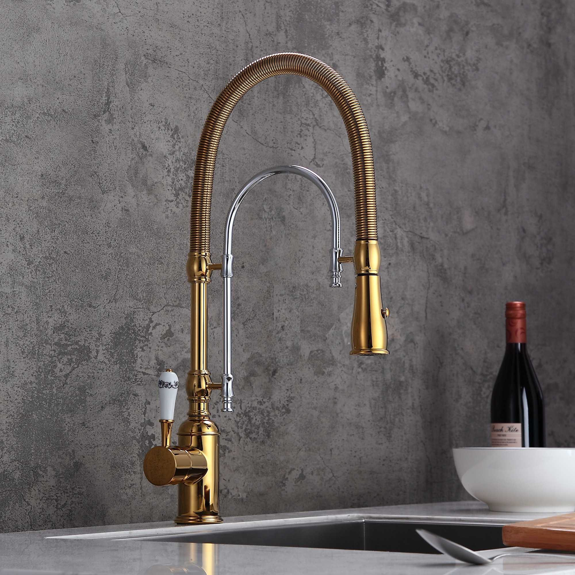 High Arc Single Handle Kitchen Faucet Solid Brass Dual-Mode Pull-Down Sprayer Kitchen Sink Faucet with Porcelain Handle | Homary