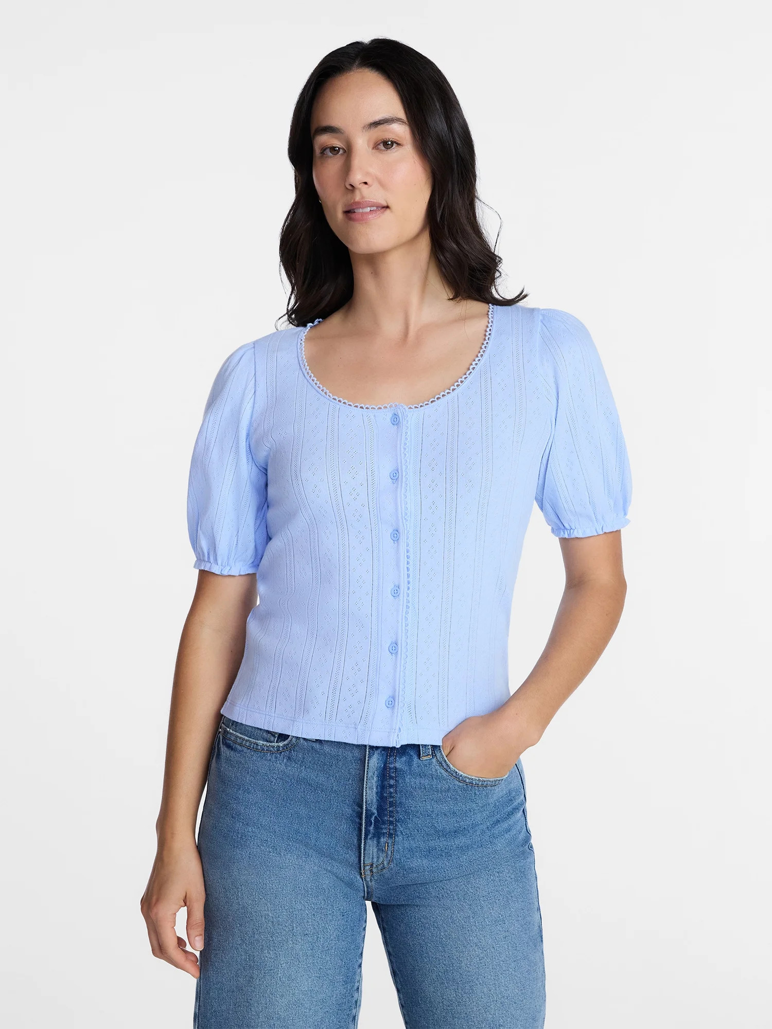 Time and Tru Women's Pointelle Top with Short Sleeves, Sizes XS-XXXL | Walmart (US)
