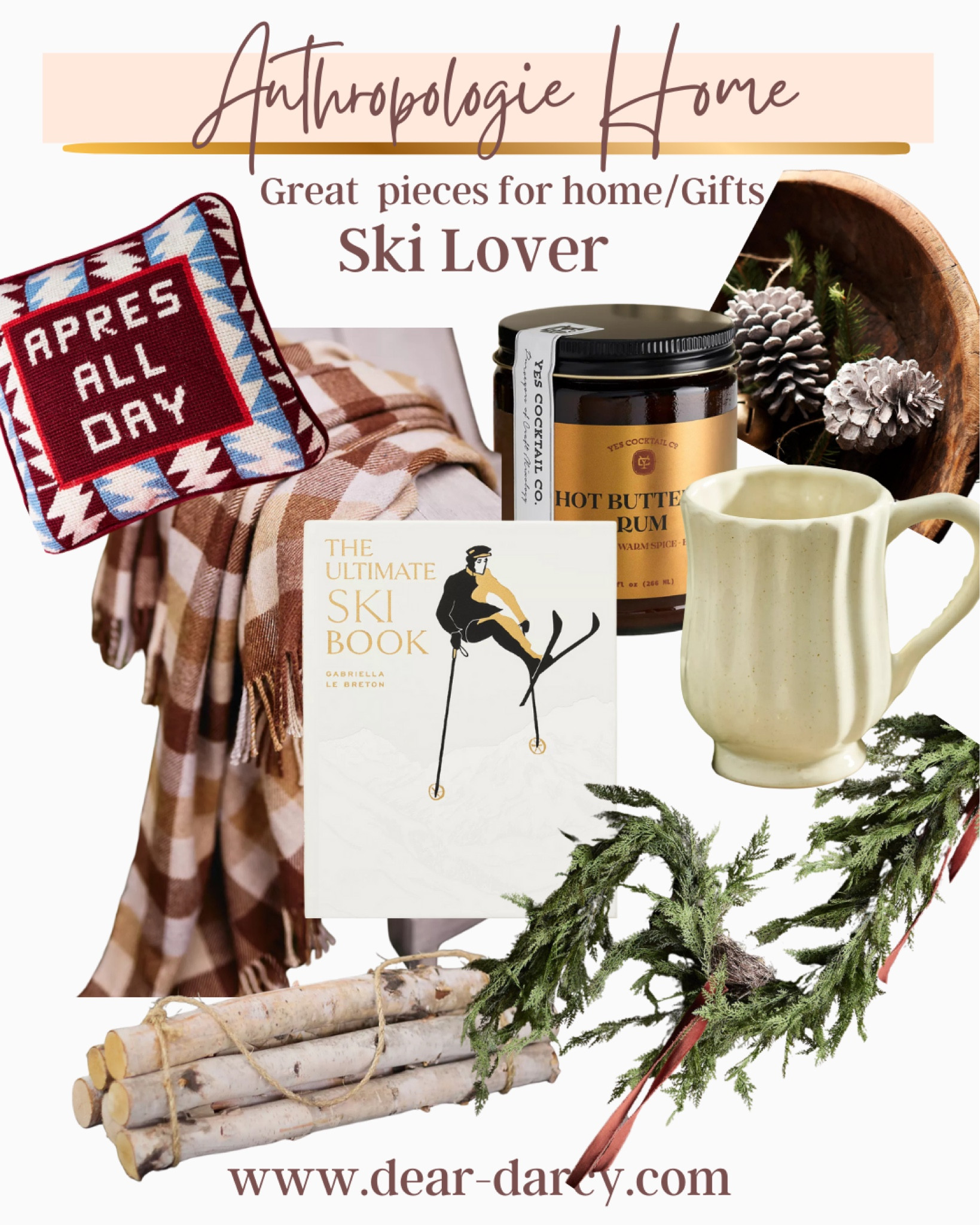 Winter home decor or gift guide for the skier or cabin lover

Ski coffee table book

A’pre ski pillow (the link is the needle point pillow and it takes you to several kinds)

Hot butter rum mix
Pretty mug
Green garland
Cozy plaid throw
Pine cones 
Real Logs for decor


#LTKStyleTip #LTKSeasonal #LTKHome