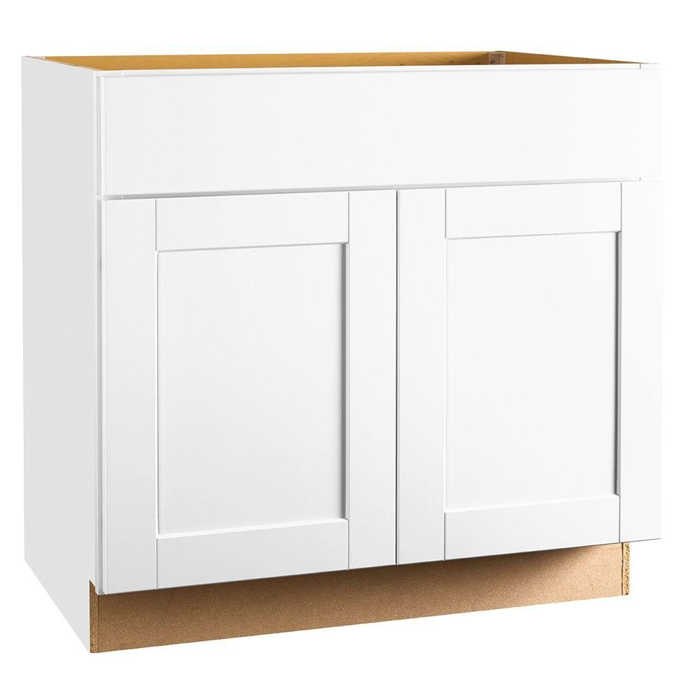 Shaker Assembled 36x34.5x24 in. Sink Base Kitchen Cabinet in Satin White | The Home Depot