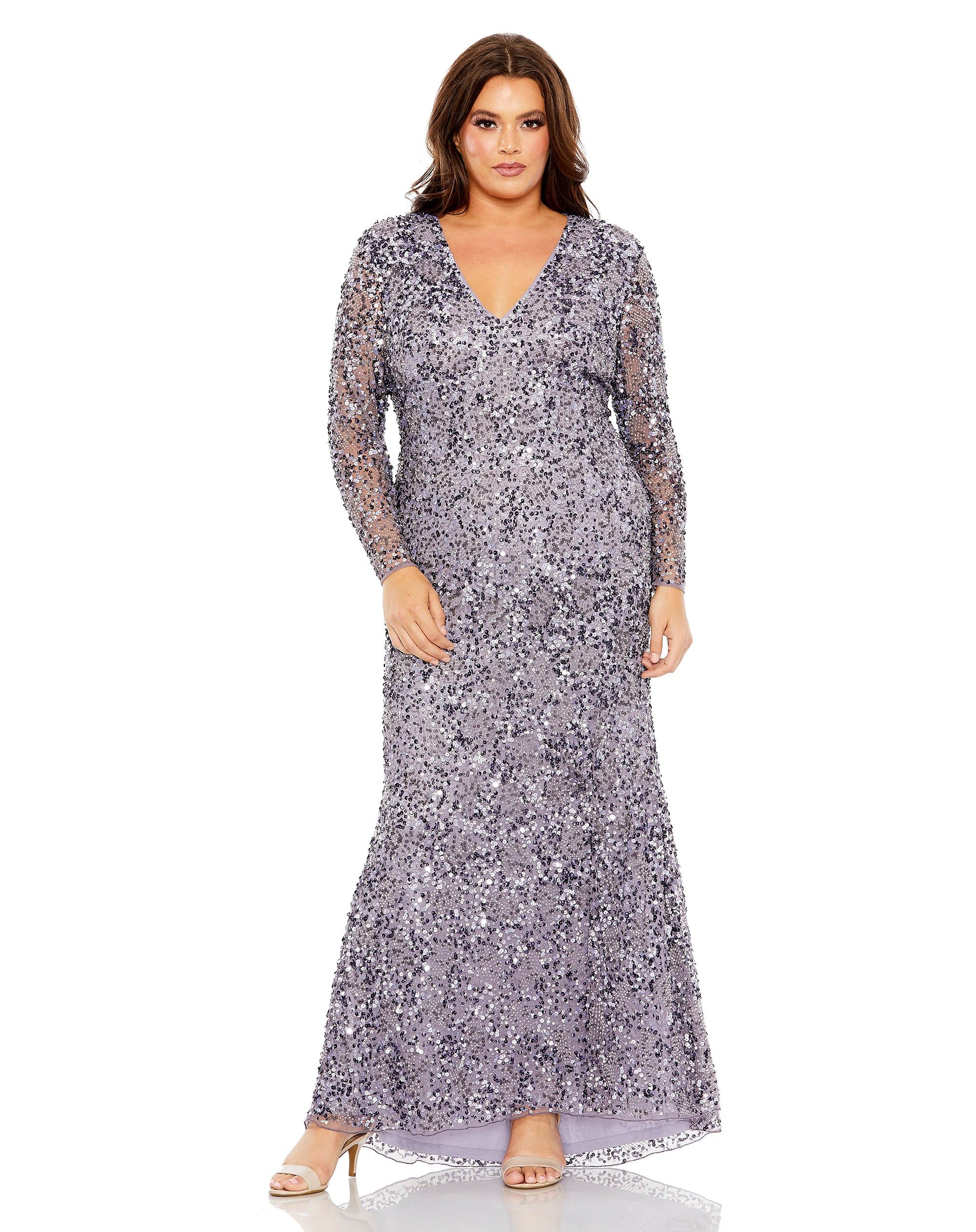 V Neck Embellished Long Sleeve Gown | Mac Duggal
