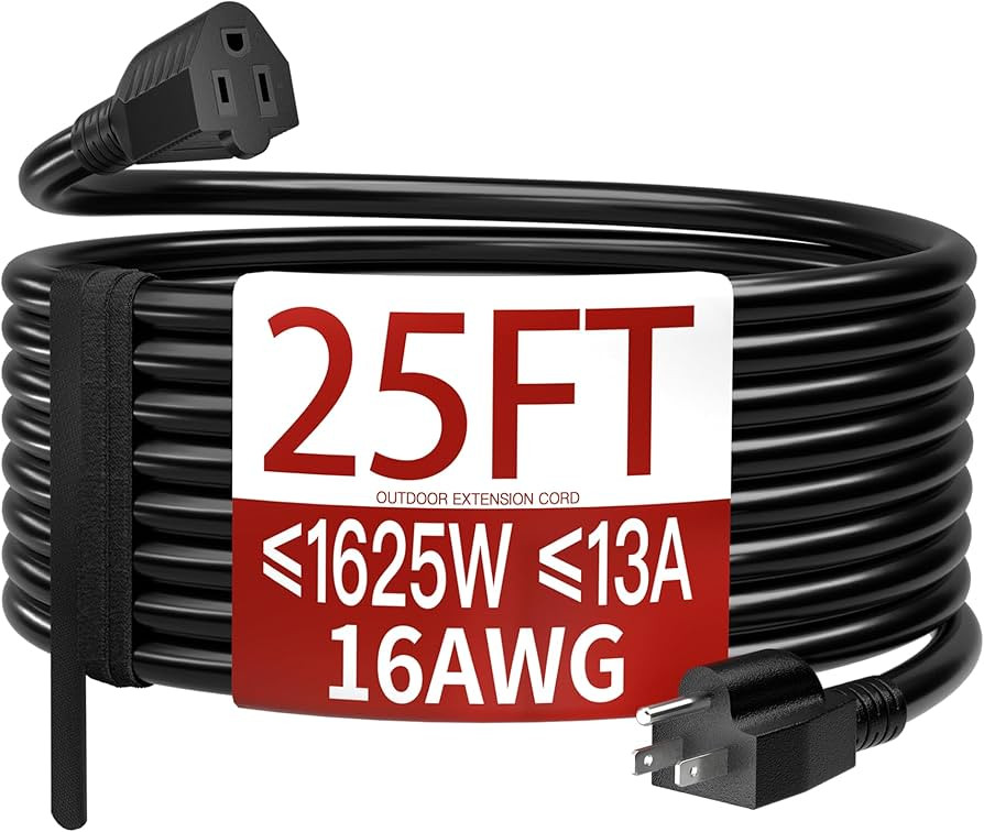 16/3 25 FT Outdoor Extension Cord Waterproof, Weatherproof & Flame Retardant Black 3 Prong Power ... | Amazon (US)