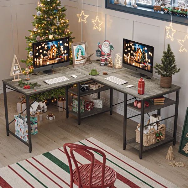 Fortson 95.2" L Shaped Desk with Shelves, Reversible Corner Computer Desk or 2 Person Long Table | Wayfair North America