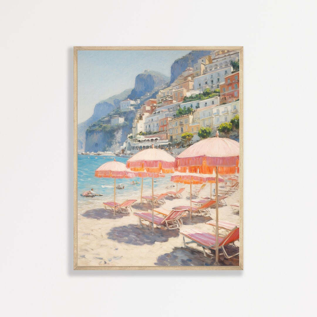 Retro Beach Painting | Amalfi Coast Italy Landscape Print | Aesthetic Coastal Wall Art Home Decor... | Etsy (US)