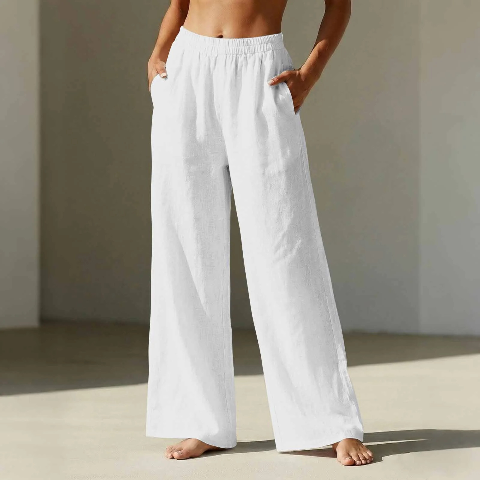 Linen Pants Women Wide Leg Elastic High Waisted Beach Flowy Pants Pull On Dressy Casual Baggy Cot... | Walmart (US)
