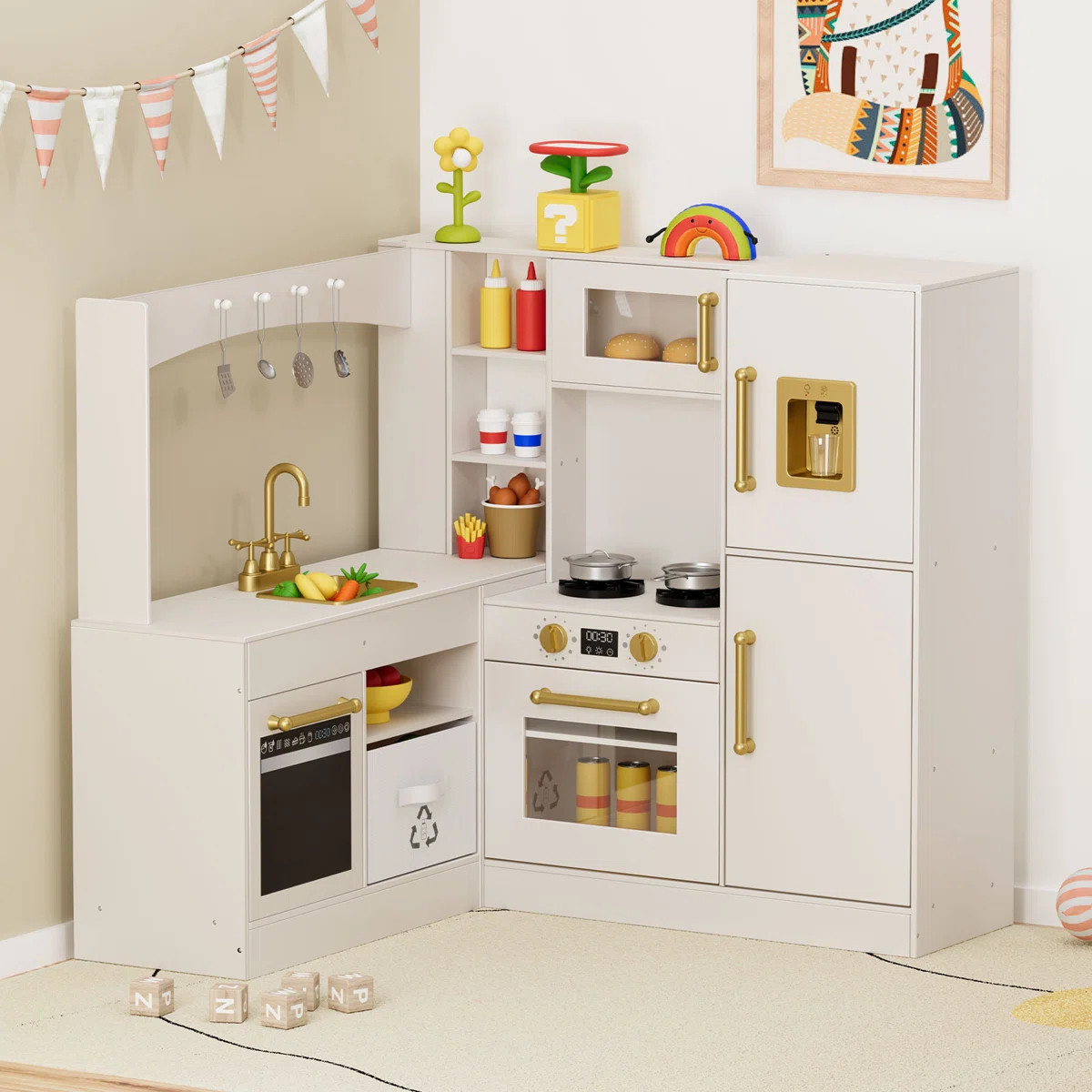 L-Shaped Corner Play Kitchen for 2-3 Kids, Wooden Pretend Set with Larger Play Area, Realistic Li... | Wayfair North America