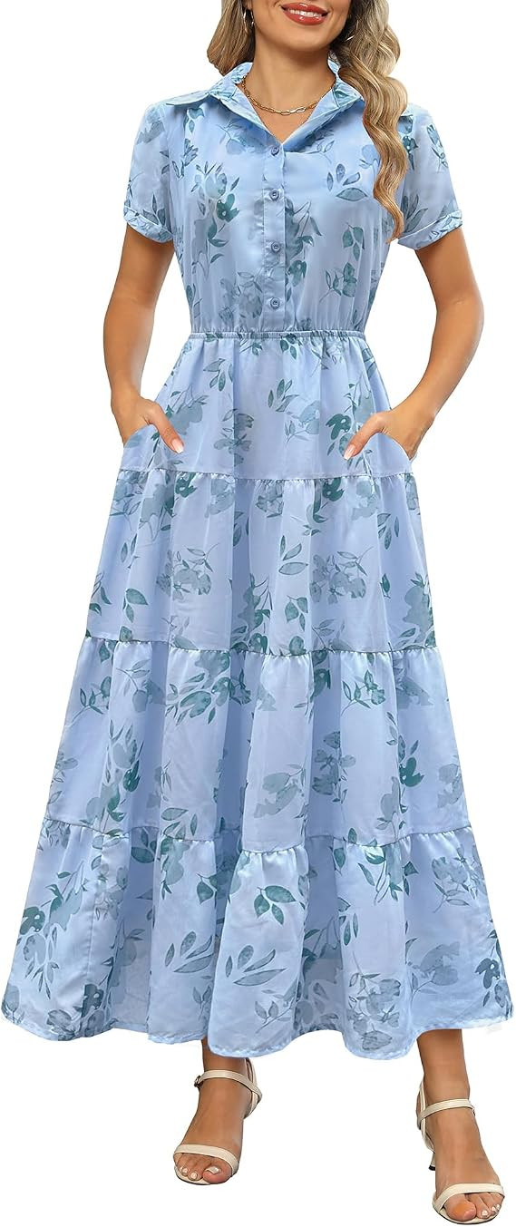 Kranda Women 2026 Summer Collared V Neck Short Sleeve Button Down Chiffon Long Tiered Floral Maxi... | Amazon (US)