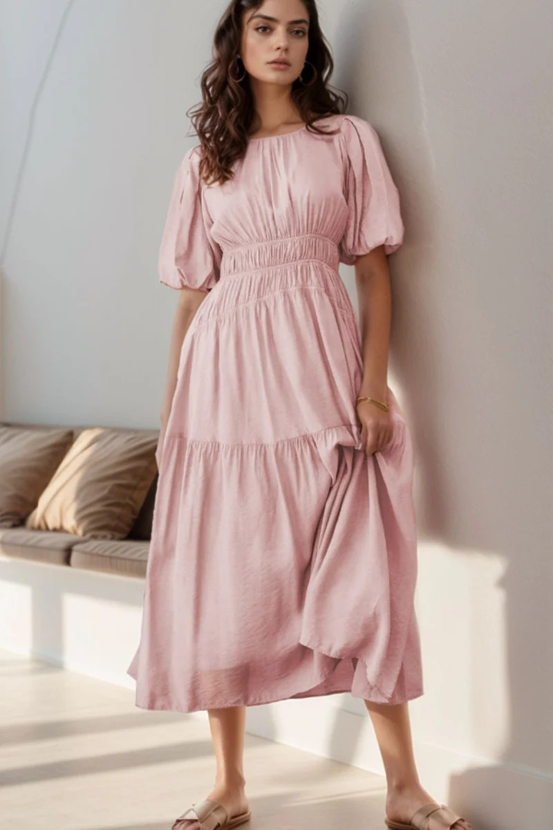 Puff Sleeve Pleated High Waist Flowy Midi Dress | Charming Charlie