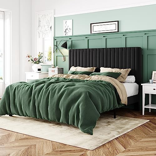 Allewie Full Bed Frame, Velvet Upholstered Platform Bed with Vertical Channel Tufted Headboard, Mattress Foundation with Strong Wooden Slats, Box Spring Optional, Easy Assembly, Black | Amazon (US)