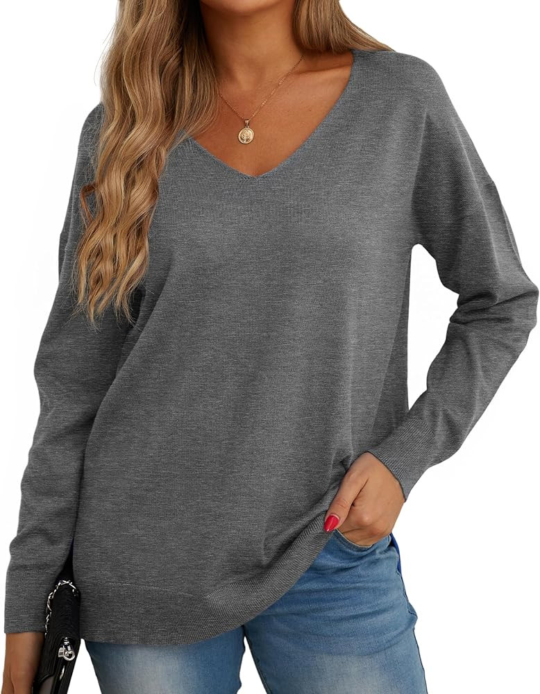 GRECERELLE Sweaters for Women Casual Loose V Neck Long Sleeve Side Split Knit Pullover Sweater To... | Amazon (CA)