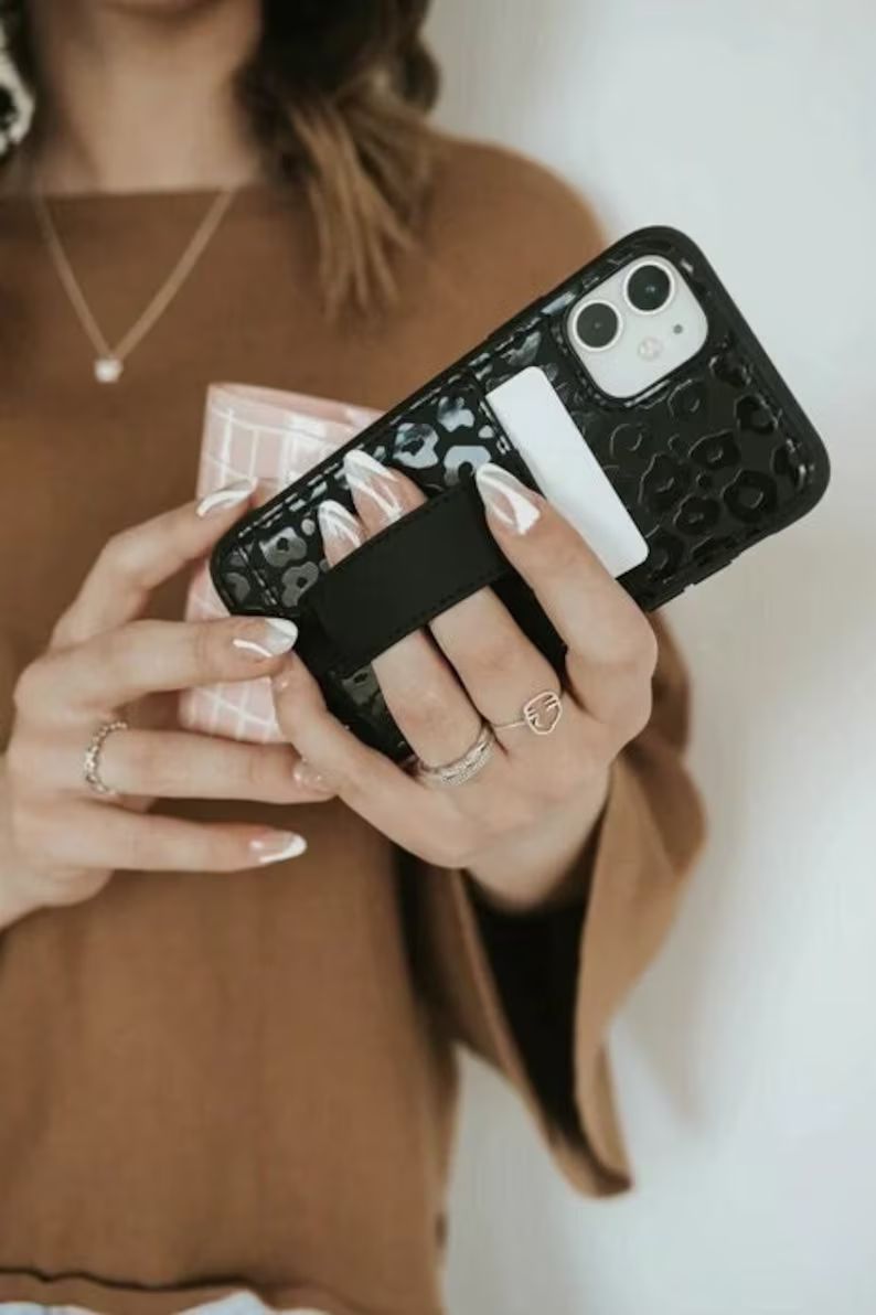 Vegan Leather iPhone and Samsung Case with Card Holder, Finger Loop, Adjustable Kickstand |  - Bl... | Etsy (US)