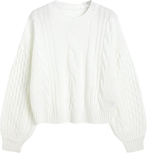 ZAFUL Women's Solid Knit Cable Sweater Casual Long Lantern Sleeve Pullover Crew Neck Knitted Tops | Amazon (US)