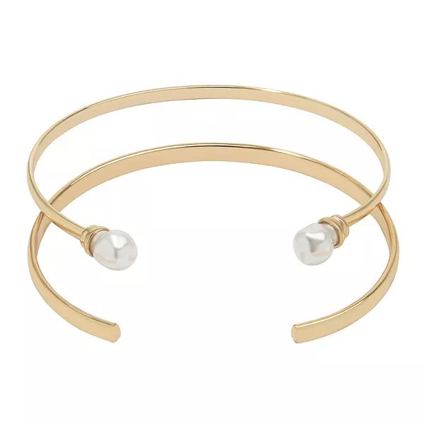 LC Lauren Conrad 2 Pack Organic Pearl Ends Engraved Cuff Bracelet Set | Kohl's