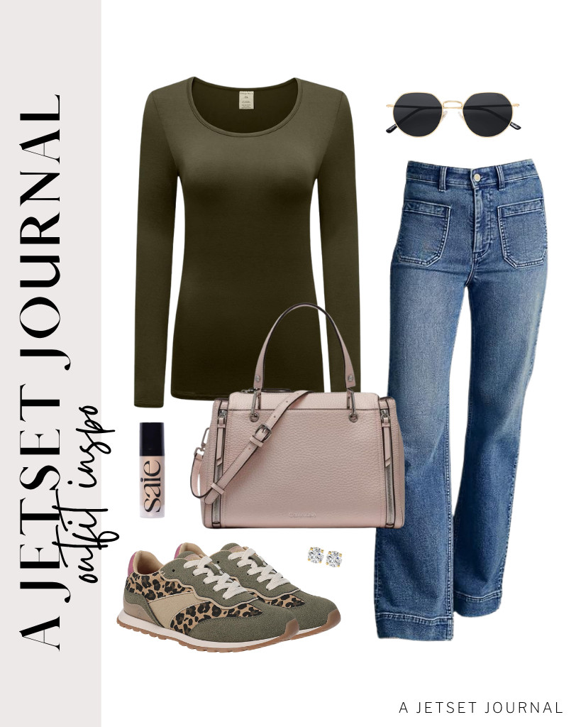 For an olive green long-sleeve top from OThread & Co. and Astylish jeans, a pair of Blowfish Malibu Valley lace-up shoes are perfect! You can use a Calvin Klein satchel handbag and SOJOS Retro Panto sunnies for this fit. Finish the look with stud earrings and Saie Mini Glowy Super Gel. 

 #LTKSeasonal #LTKSaleAlert #LTKTravel