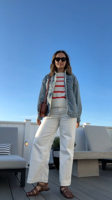 Classic Summer Outfit:

White jeans 
Striped sweater (runs big, I’m in an XS)
Denim jacket
Sandals


Preppy style
Paige jeans
Lands’ end 

#LTKStyleTip #LTKSeasonal #LTKVideo